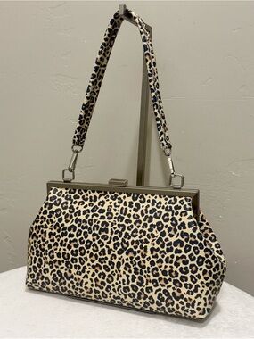Leopard Print Genuine Leather Handmade Push Lock Frame Bag, Includes Straps
